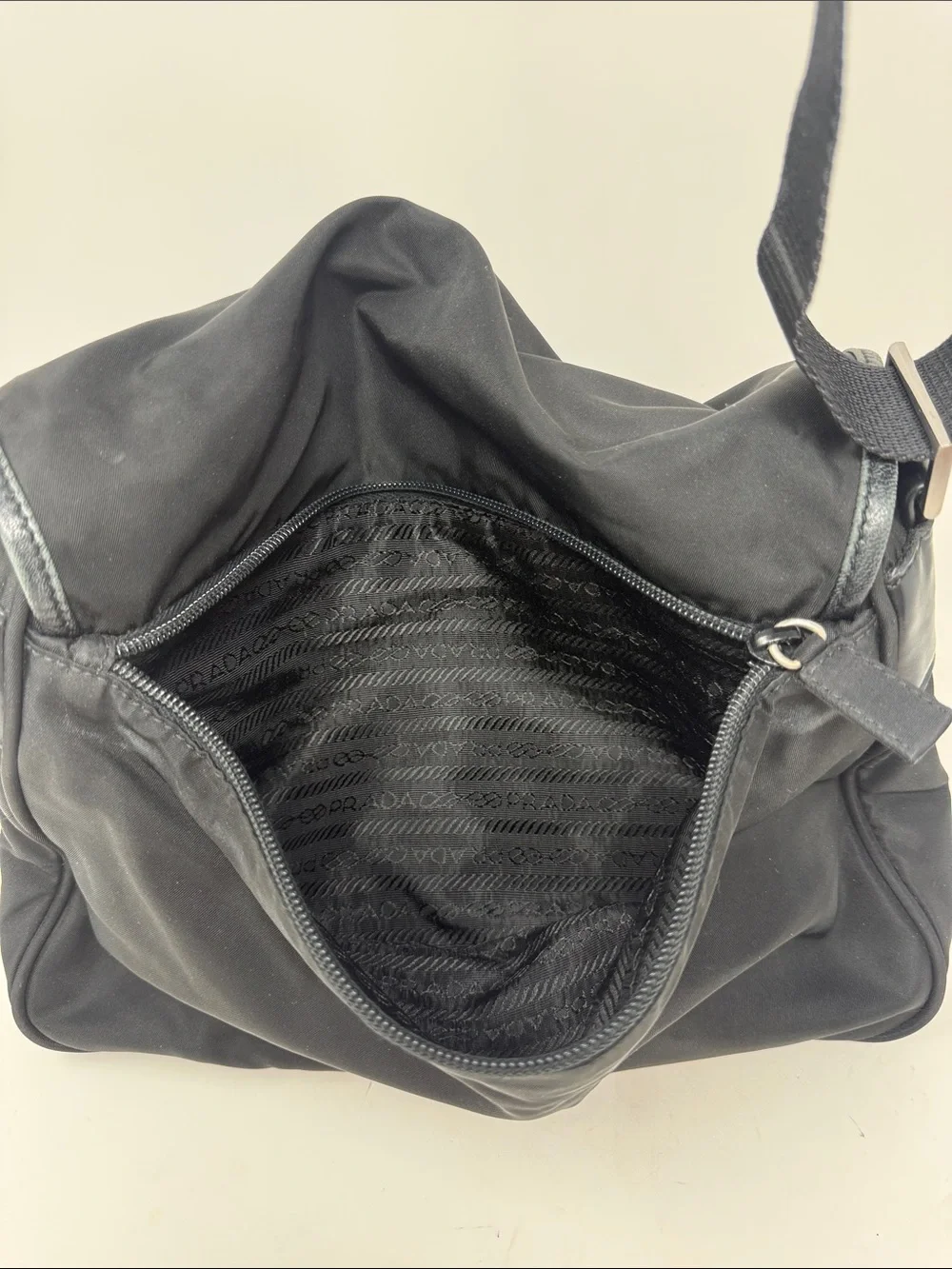 Prada Black Nylon Tessuto Messenger Crossbody Bag Leather Buckle Flap